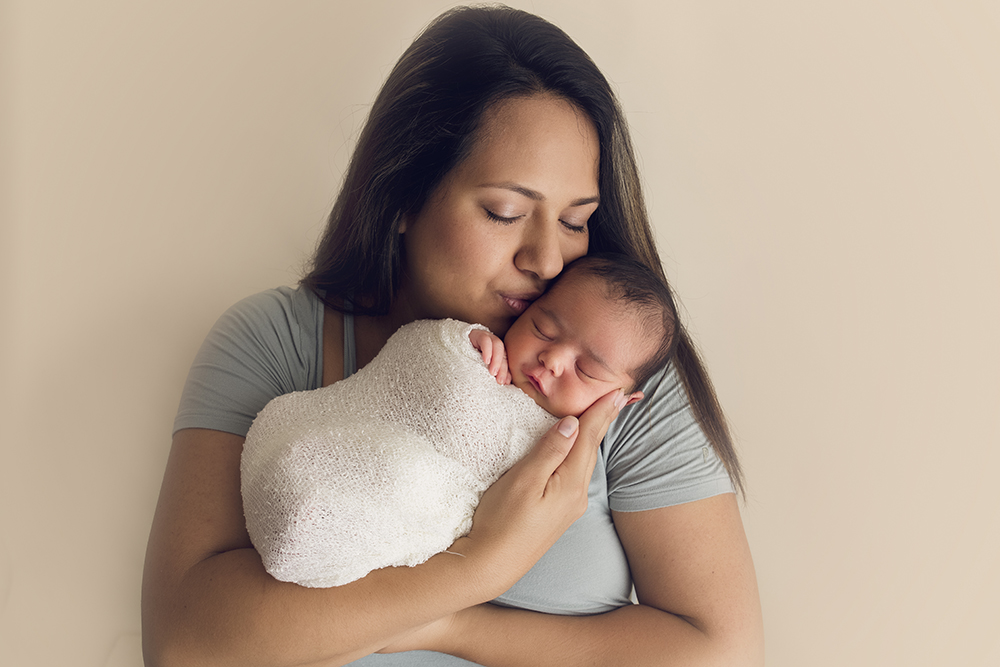 Cream Newborn Studio Session Mom and baby newborn posing