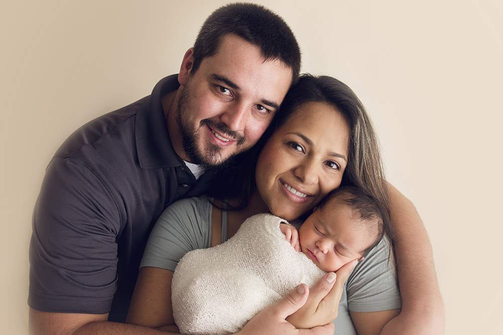 Cream Newborn Studio Session parents and baby newborn posing