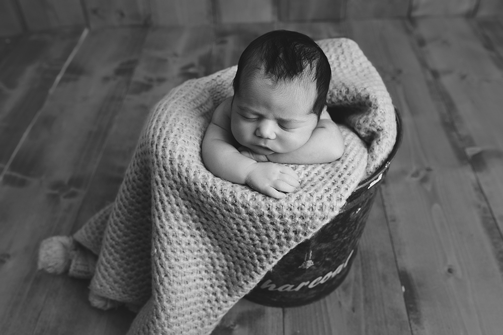 Cream Newborn Studio Session newborn in bucket prop