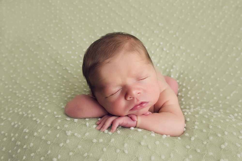 neutral newborn session forward facing pose green popcorn backdrop